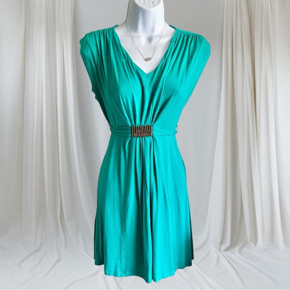 Teal V-Neck Dress with Belt Detail, Small size - Picture 1 of 7